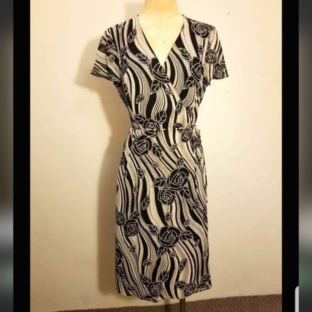 BLACK FLORAL WRAP DRESS VINTAGE YVES COSSETTE DEPECHE MODE BLACK CREAM PREPPY 12